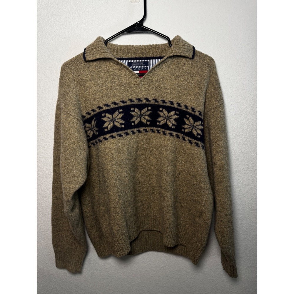 Tommy Hilfiger Men's Wool Blend Fair Isle Knit Vintage Cozy Sweater Tan Blue XL
